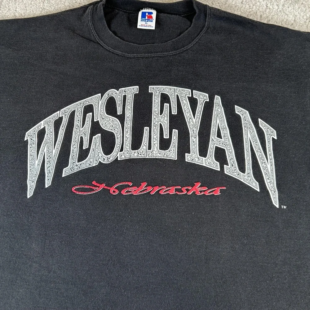 Vintage Wesleyan Nebraska T-Shirt Mens XL Black Russell Athletic College 90s USA